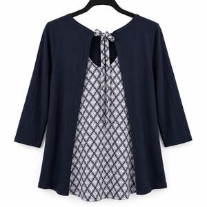 LOFT XS Navy Geometric Print Back Tie 3/4 Sleeve Top